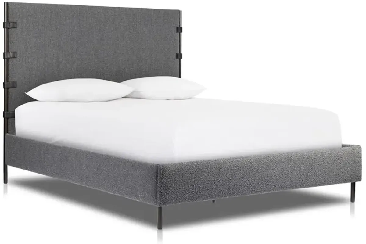 Gerald Modern Grey Performance Boucle Waxed Black Iron Frame Bed - Queen