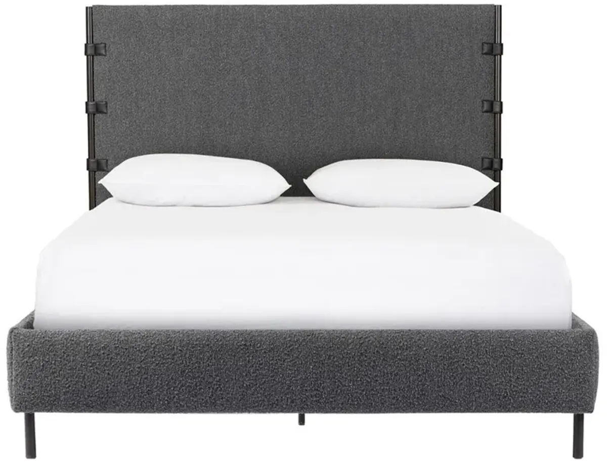 Gerald Modern Grey Performance Boucle Waxed Black Iron Frame Bed - Queen
