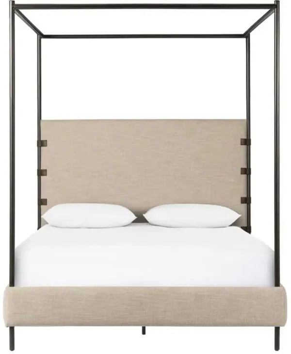 Gerald Modern Beige Upholstered Black Iron Canopy Bed - Queen