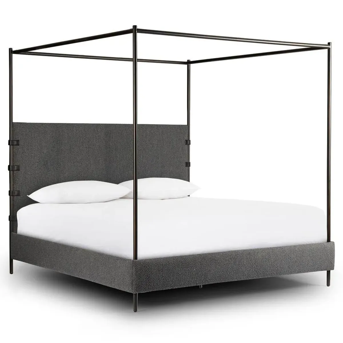 Gerald Modern Grey Boucle Performance Black Iron Canopy Bed - King