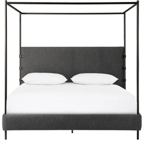 Gerald Modern Grey Boucle Performance Black Iron Canopy Bed - King