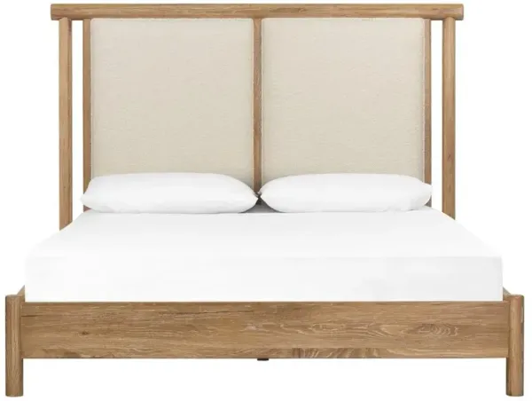 Alwyn Coastal Beach Beige Upholstered Brown Oak Bed - Queen