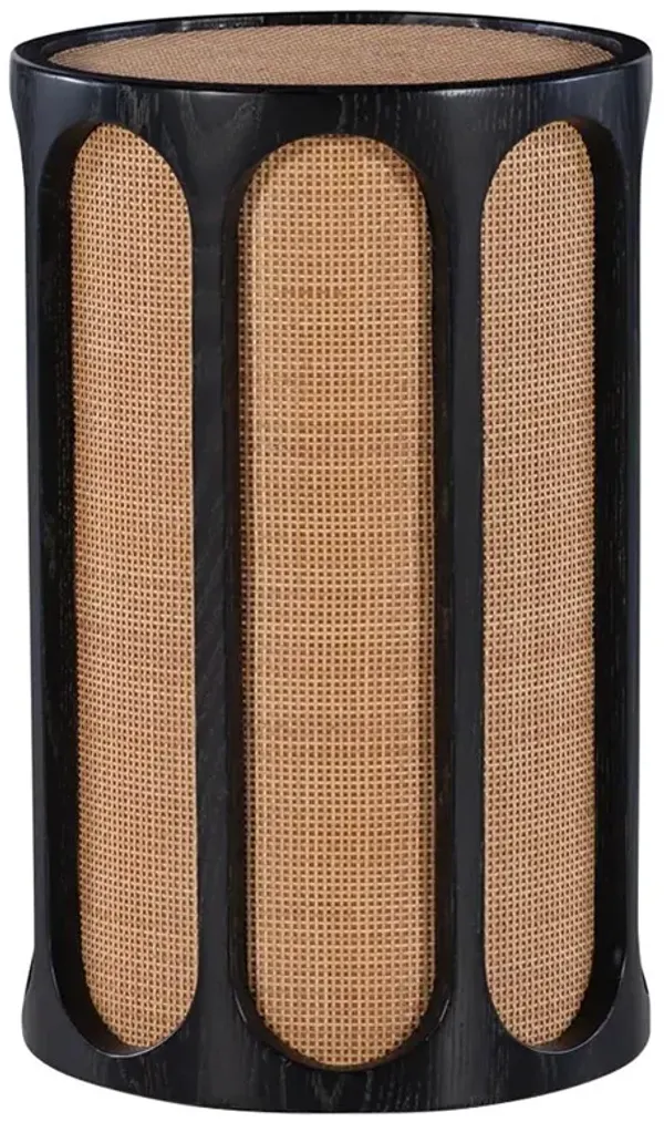 Century Rohan Coastal Beach Natural Cane Black Wood Drum Side End Table