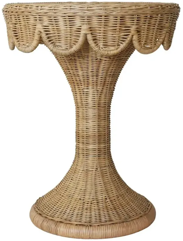 Worlds Away Orla Natural Woven Rattan Scalloped Round Pedestal Side Table