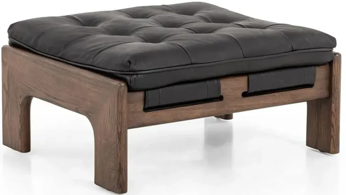 Hadley Rustic Lodge Black Leather Brown Wood Tufted Ottoman