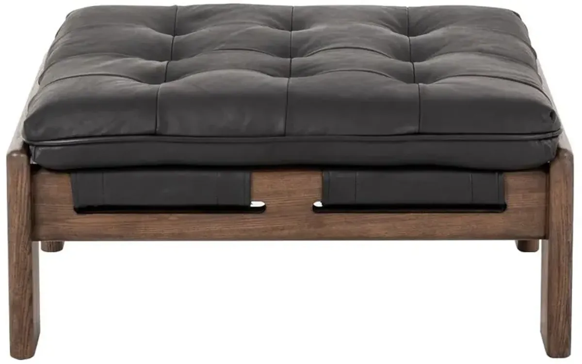 Hadley Rustic Lodge Black Leather Brown Wood Tufted Ottoman