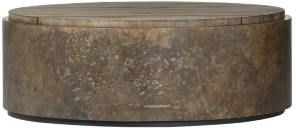 Cami Rustic Lodge Oak Wood Acid Wash Metal Drum Coffee Table