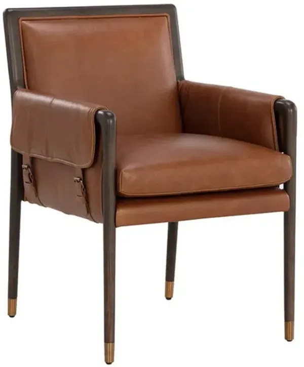 Slimece Rustic Lodge Brown Tobacco Leather Oak Wood Dining Arm Chair