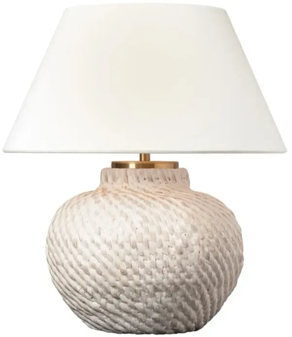 Visual Comfort Avedon Plaster White Rattan Linen Shade Cordless Table Lamp