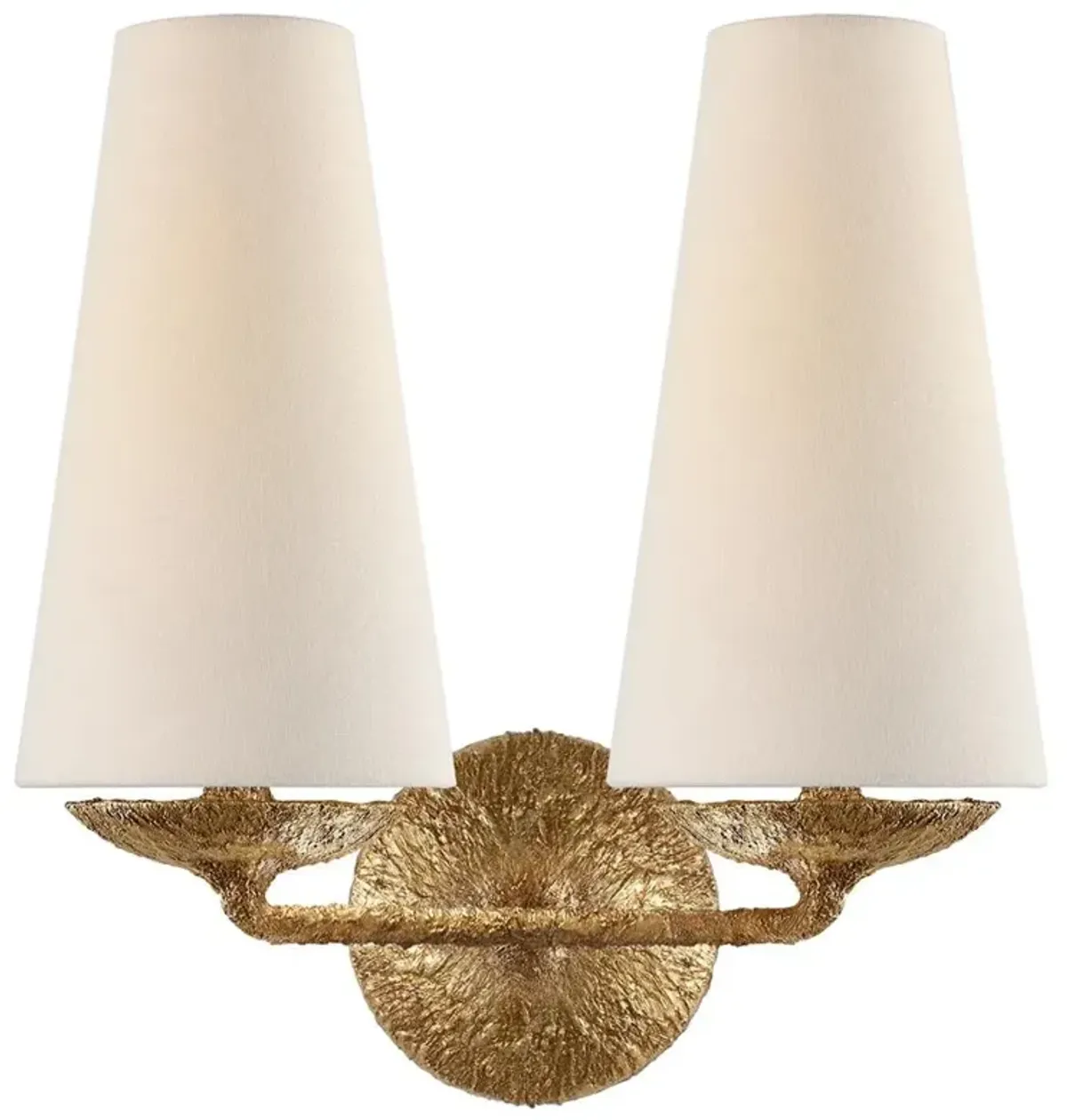 Visual Comfort Fontaine Mid Century Gilded Plaster Linen Shade Double Sconce