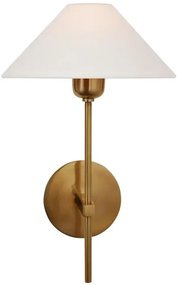 Visual Comfort Hackney Modern Classic Antique Brass Linen Shade Single Sconce