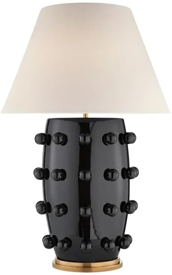 Visual Comfort Linden Mid Century Black Porcelain Linen Shade Table Lamp - Large
