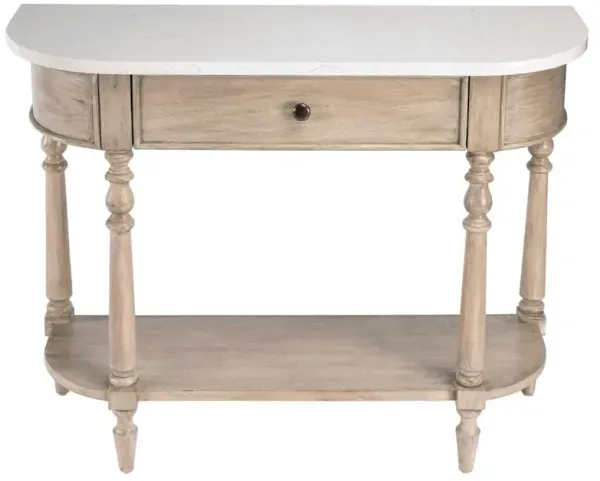 Florentine French Country White Marble Beige Wood Demilune Console Table
