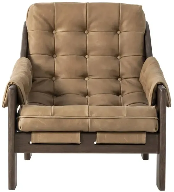 Hadley Rustic Lodge Light Brown Leather Wood Tufted Occasional Arm Chair