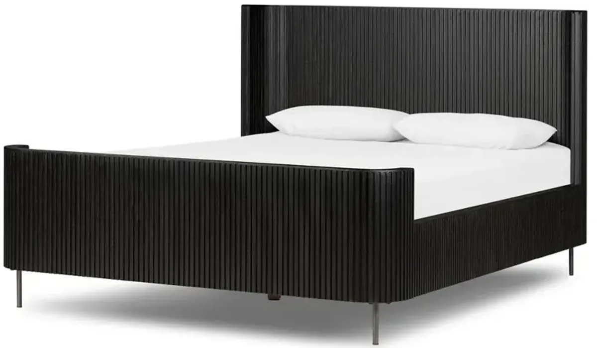 Florence Mid Century Black Oak Reeded Bed - Queen