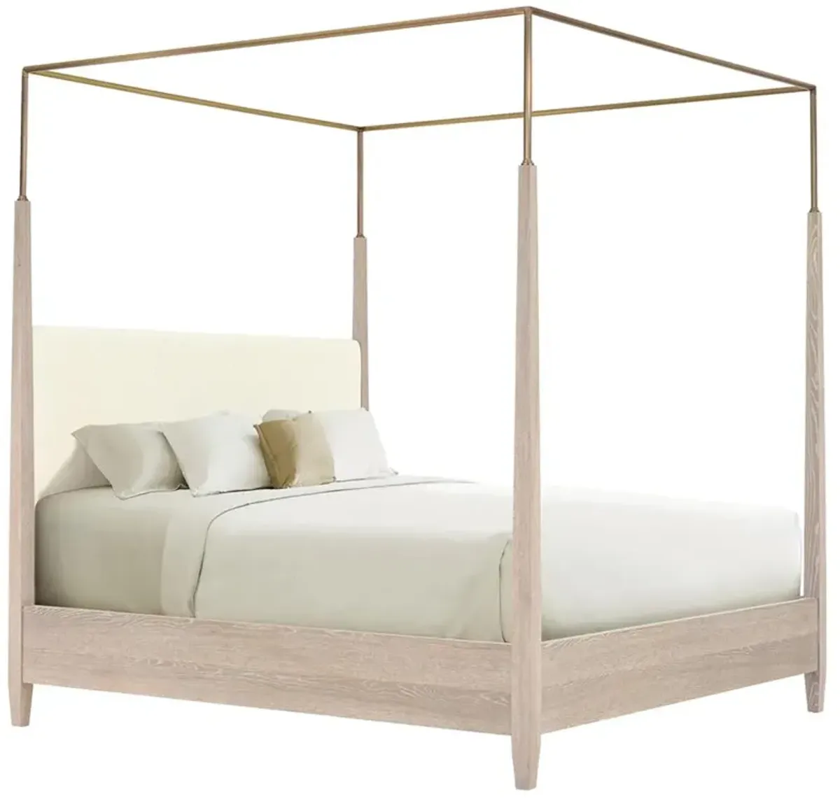 Century Cadence Modern Classic Beige Linen Brown Oak Canopy Bed - King