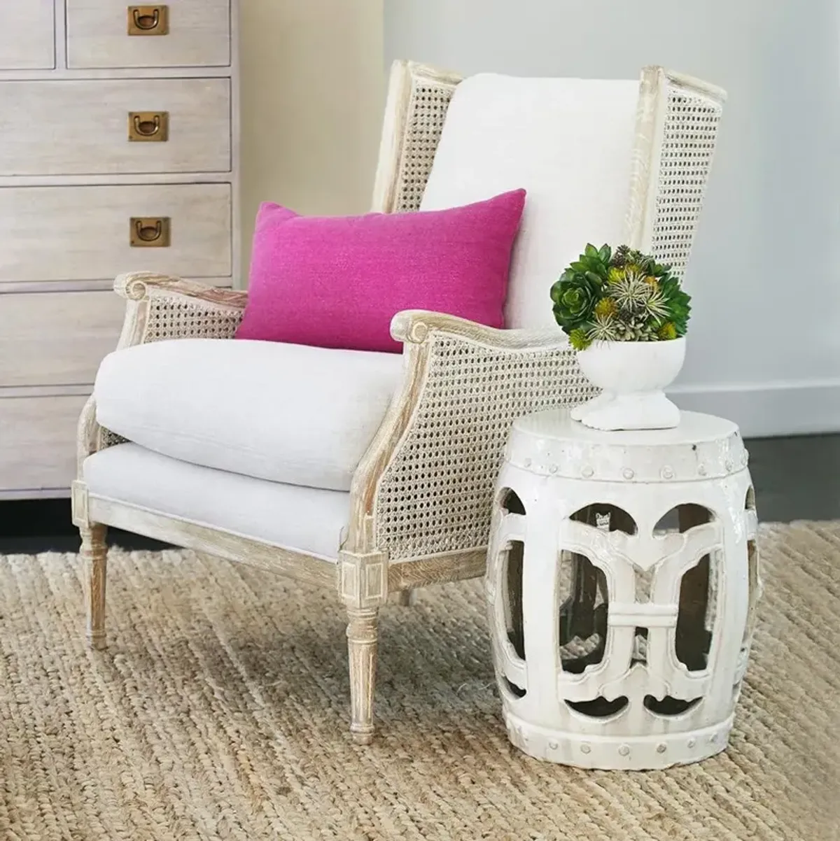 Will French Country Cream Performance White Wash Woven Cane Wing Chair