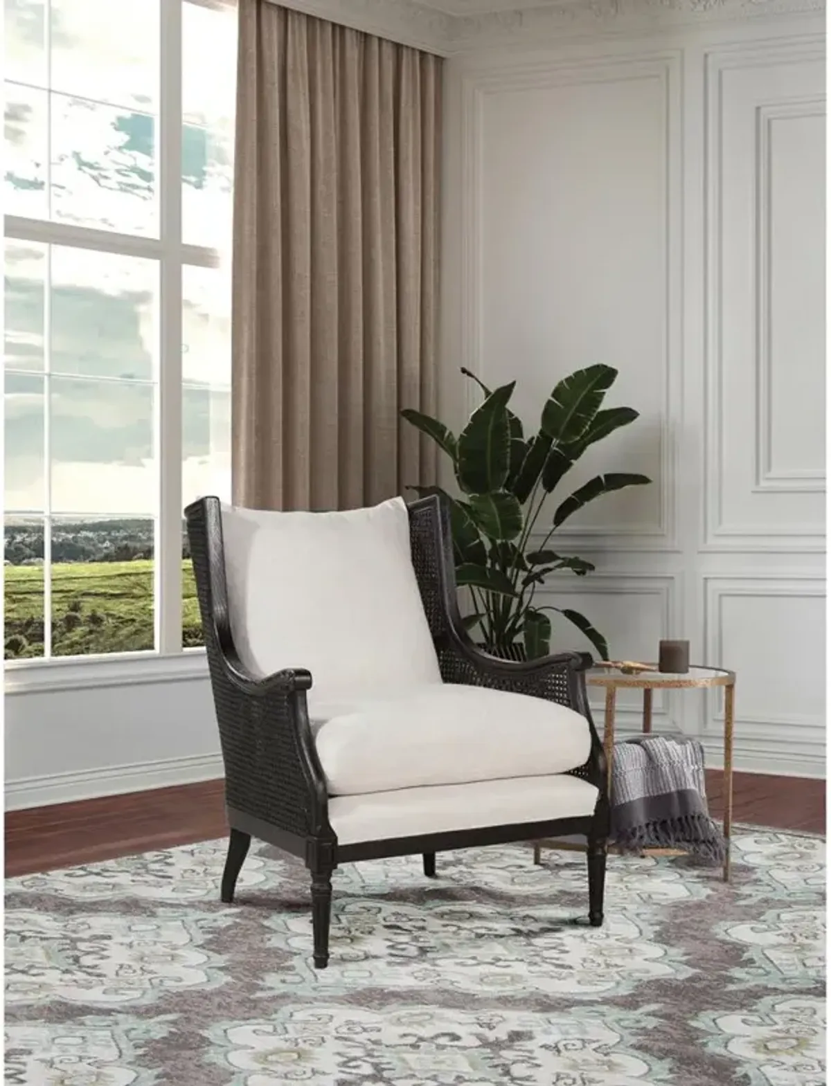 Will French Country Cream Performance Black Woven Cane Wing Chair