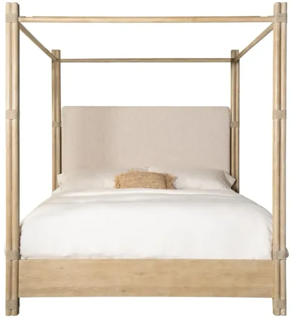 Nigel Coastal Beach Cream Upholstered Light Brown Oak Canopy Bed - Cal King