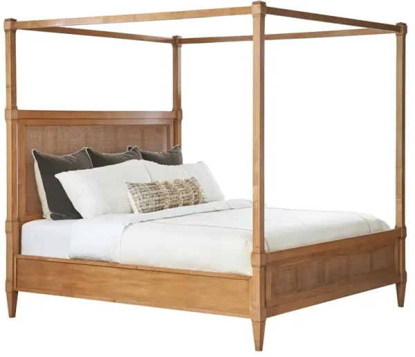 Strand Coastal Beach Woven Cane Brown Wood Canopy Bed - Queen