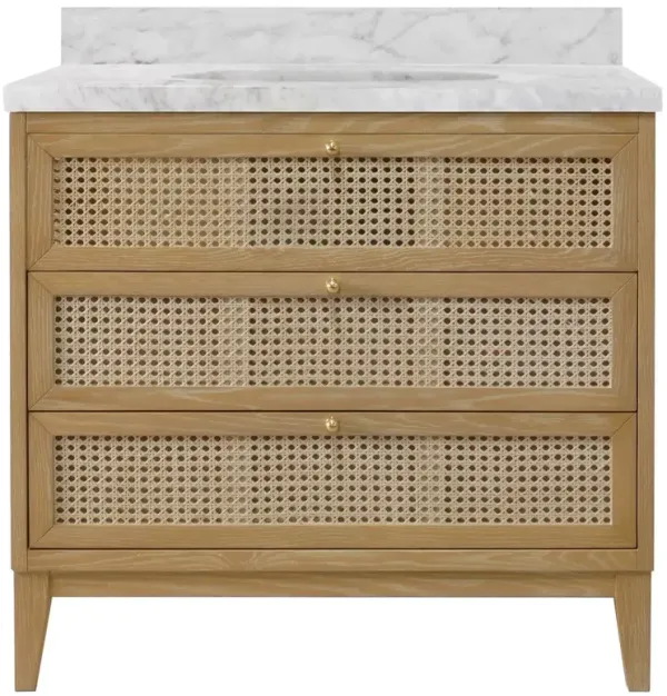 Worlds Away Wynn Coastal Beach White Marble Cane Cerused Oak Vanity Sink - 37"