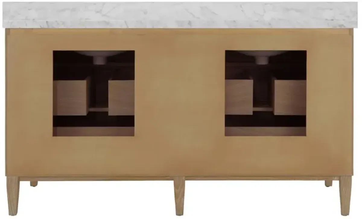 Worlds Away Odin Mid Century Modern White Marble Brown Oak Double Vanity Sink - 60"