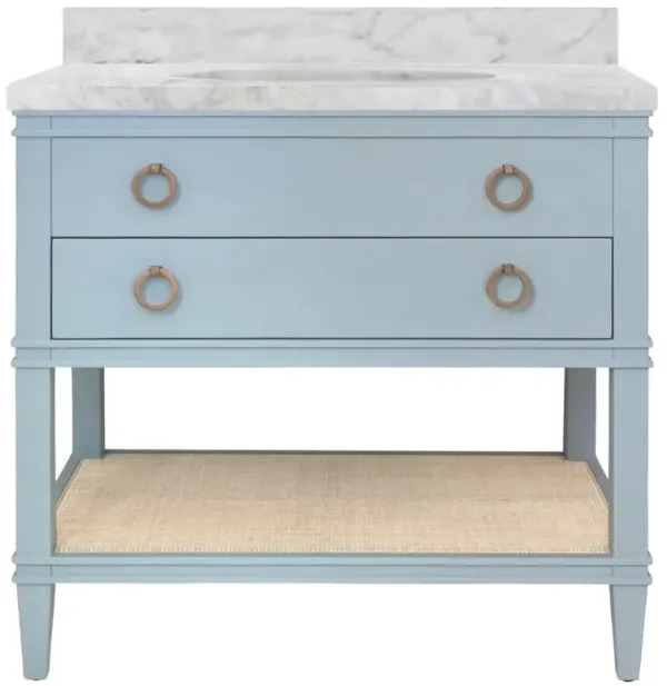 Worlds Away Cutler French Country White Marble Cane Blue Oak Vanity Sink - 37"