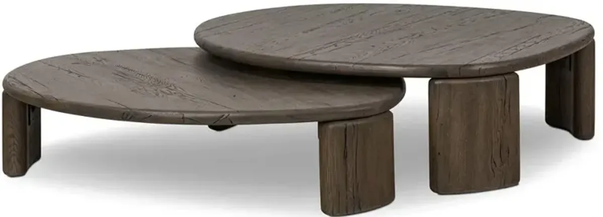 Laura Rustic Lodge Grey Reclaimed Oak Wood Round Nesting Tables