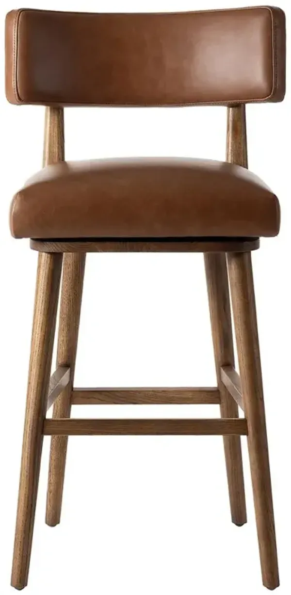 Cerise Modern Classic Chestnut Brown Leather Wood Swivel Bar Stool