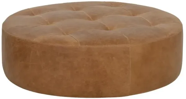 Hemingway Rustic Lodge Brown Leather Tufted Round Cocktail Ottoman