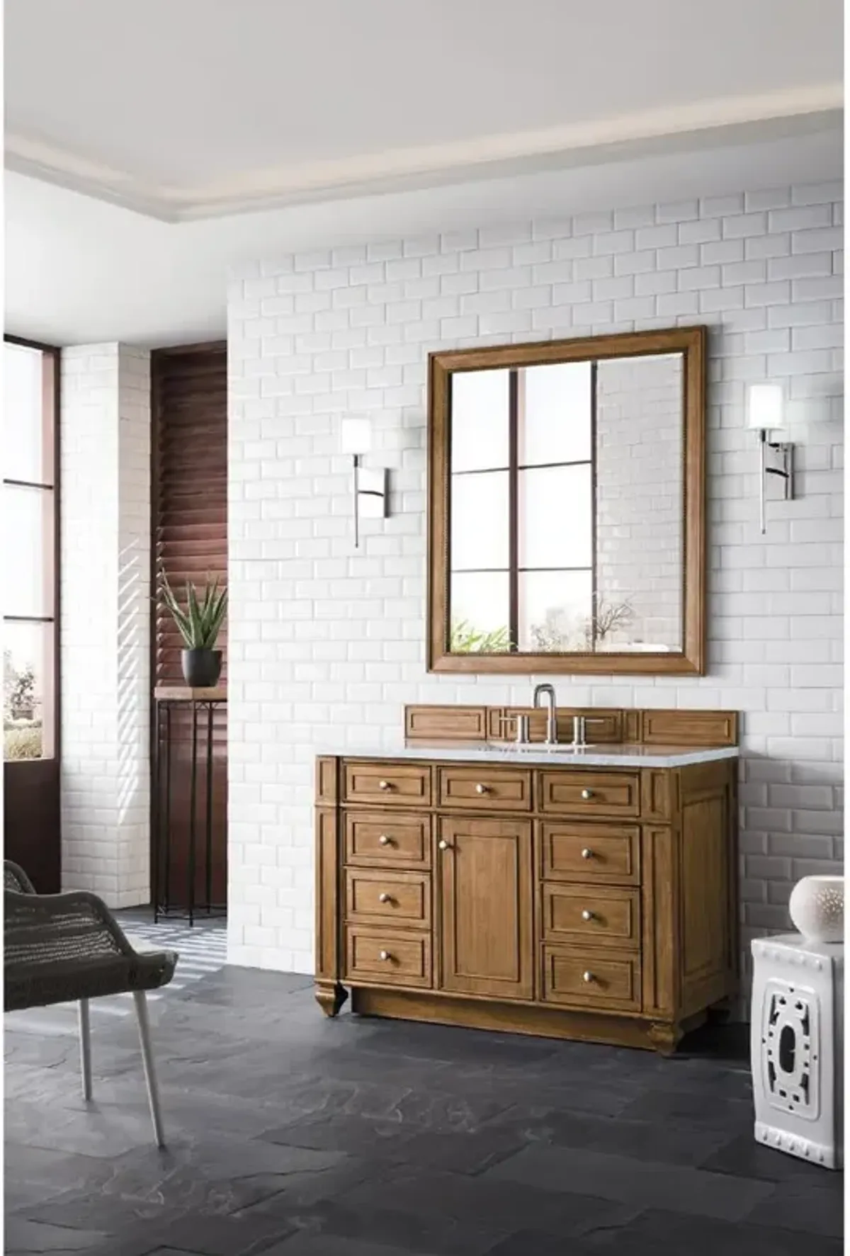 Fynn French Country Carrara Marble Brown Wood Wide Vanity Sink - 48"