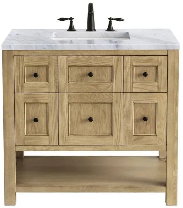 Draven Modern Classic Carrara Marble Light Natural Wood Vanity Sink - 36"