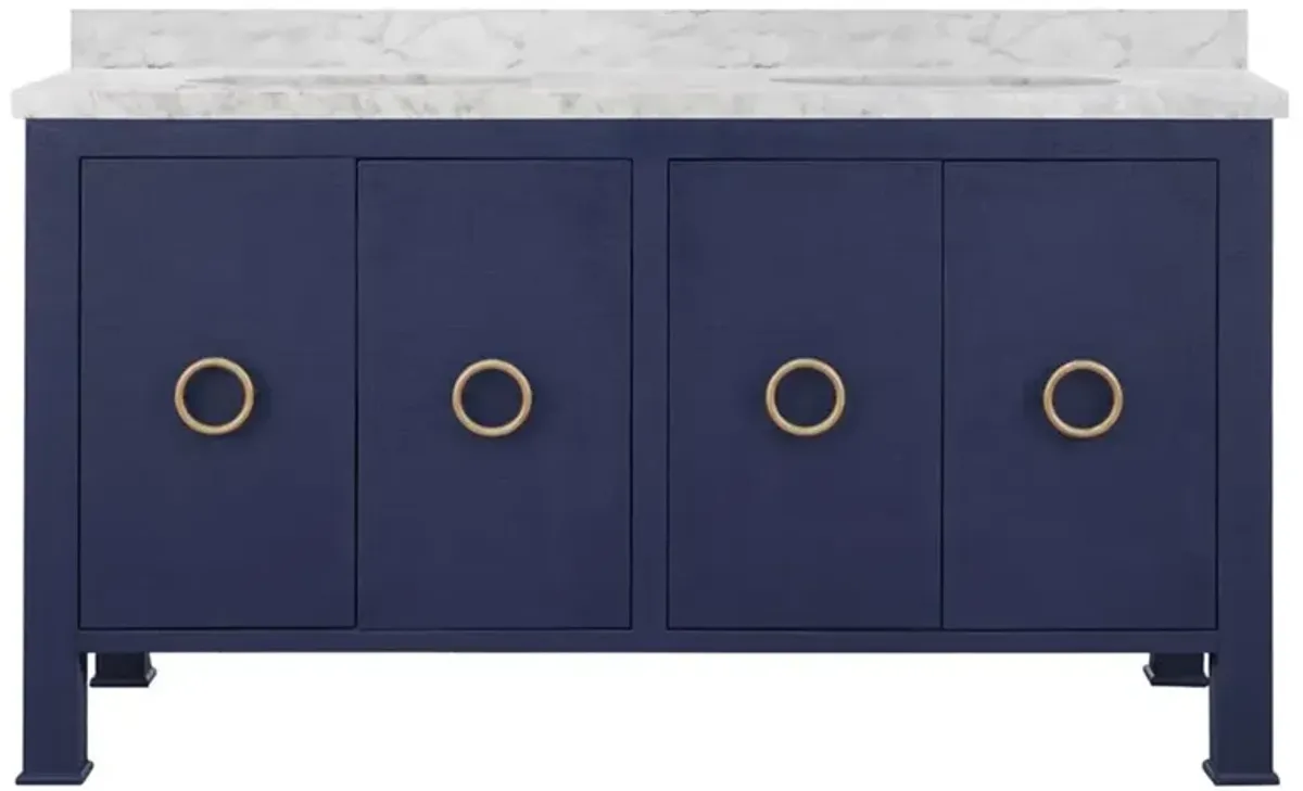 Worlds Away Blanche Regency White Marble Navy Linen Double Vanity Sink - 60"