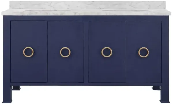 Worlds Away Blanche Regency White Marble Navy Linen Double Vanity Sink - 60"
