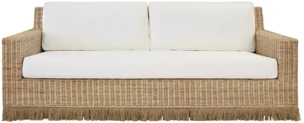 Worlds Away Tenny Coastal Beach White Linen Woven Rattan Sofa - 84"