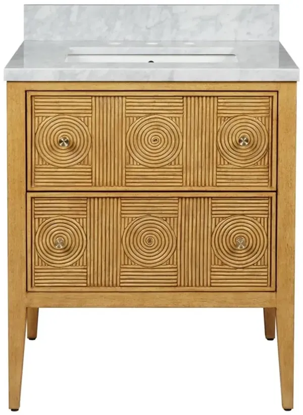 Bella Coastal Beach White Carrara Marble Natural Rattan Vanity Sink - 28"