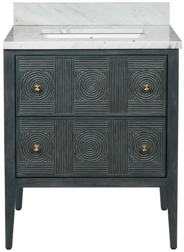 Bella Coastal Beach White Carrara Marble Navy Rattan Vanity Sink - 28"