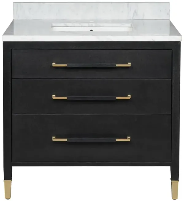 Audrina Modern Classic White Carrara Marble Black Linen Vanity Sink - 36"