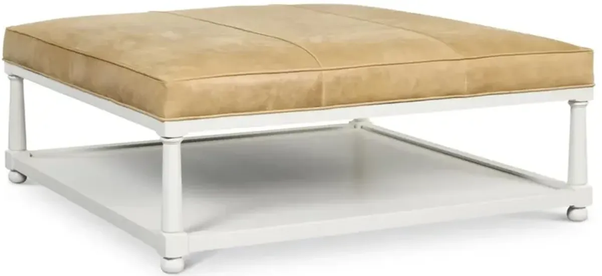 Cameron Updated Traditional Beige Leather Oak Wood Square Cocktail Ottoman