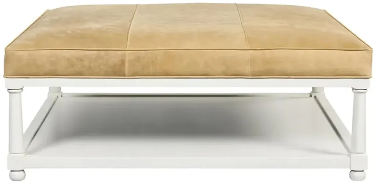 Cameron Updated Traditional Beige Leather Oak Wood Square Cocktail Ottoman
