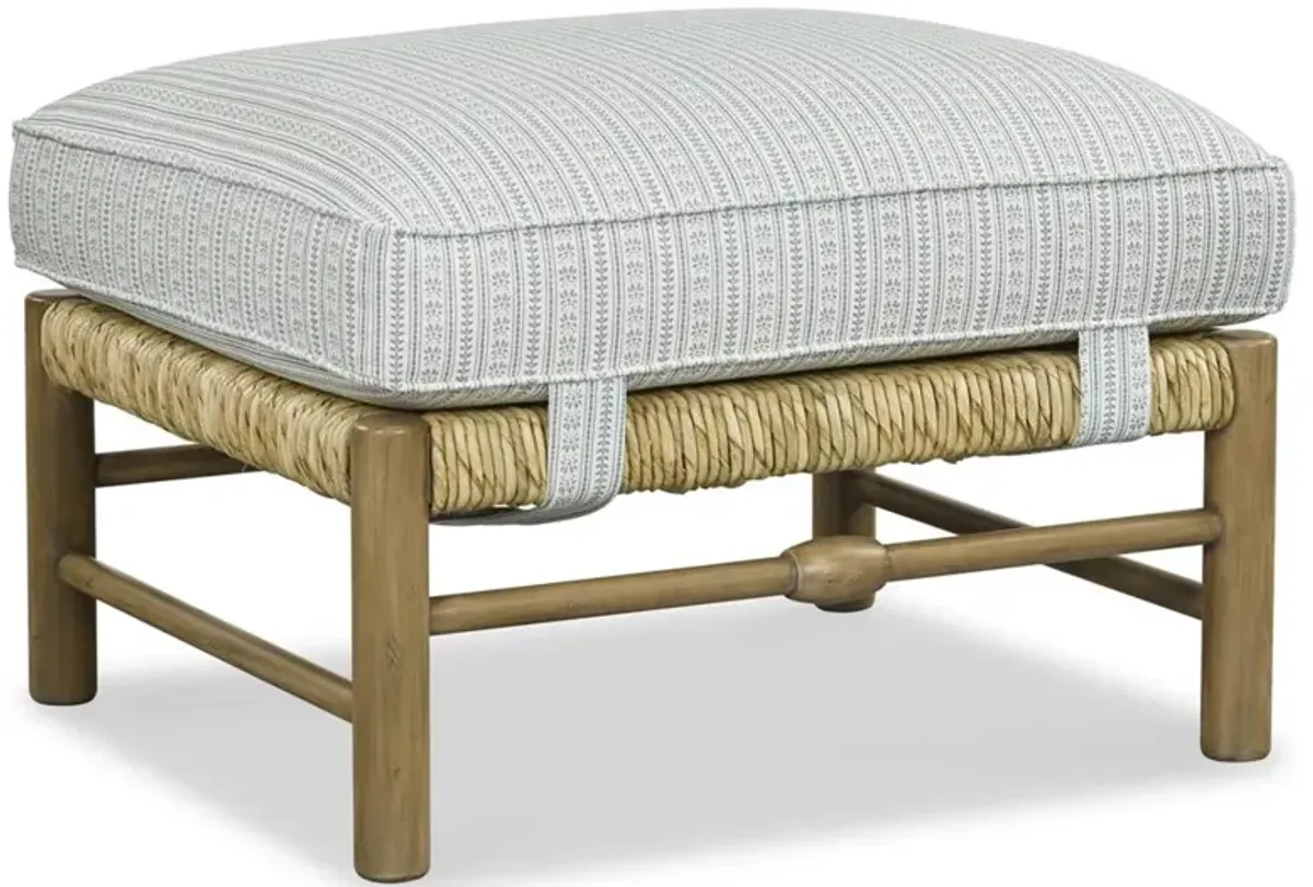Bailey Coastal Beach Blue Stripe Woven Rush Wood Ottoman