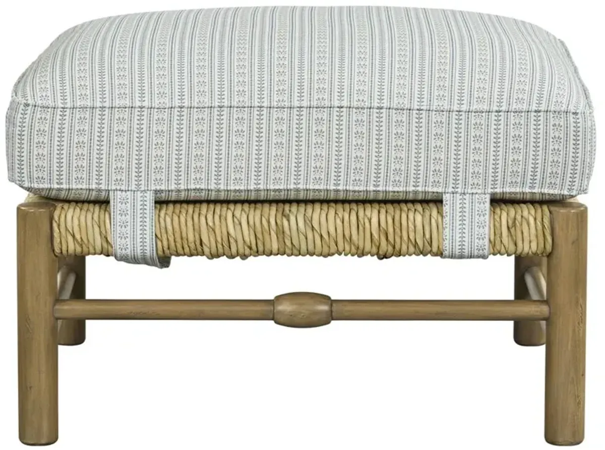 Bailey Coastal Beach Blue Stripe Woven Rush Wood Ottoman