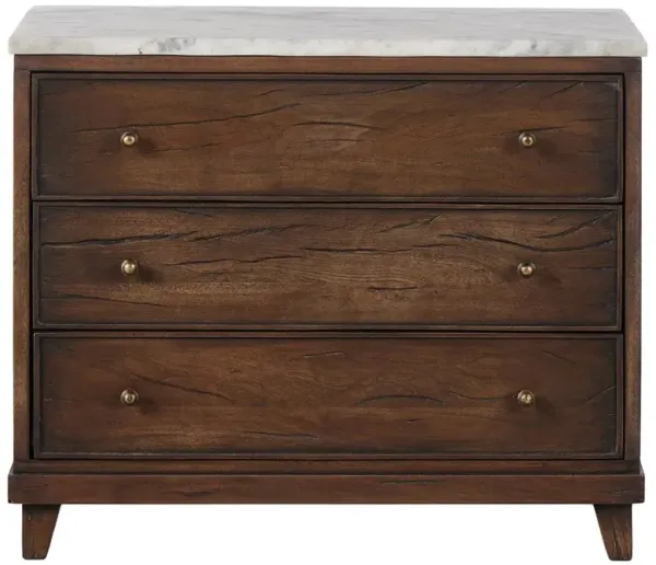 Marion Updated Traditional White Marble Brown Reclaimed Wood Wide Nightstand