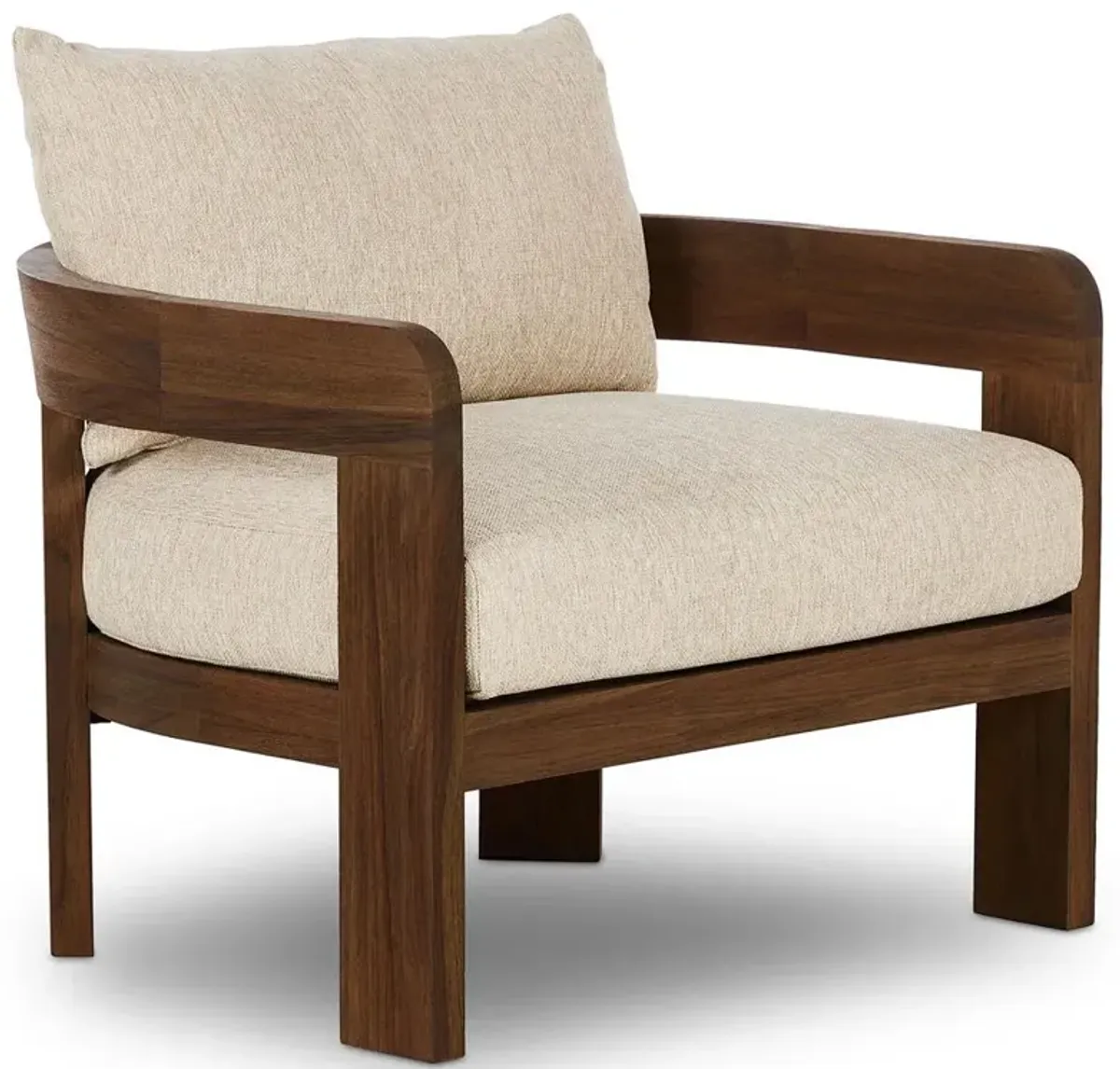 Aviel Rustic Lodge Beige Upholstered Teak Outdoor Barrel Arm Chair