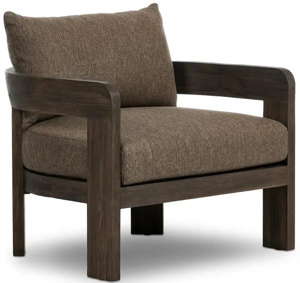 Aviel Rustic Lodge Brown Upholstered Teak Outdoor Barrel Arm Chair