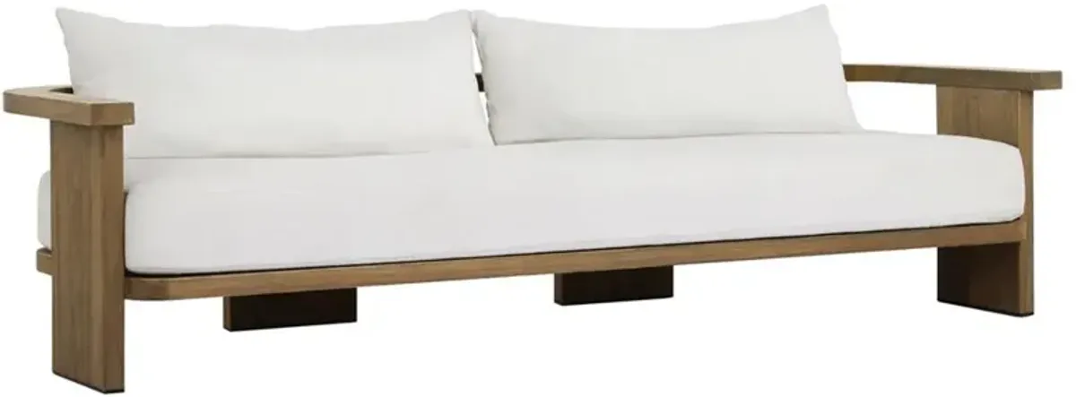 Alexia Modern Classic Cream Upholstered Brown Teak Outdoor Dining Sofa - 96"