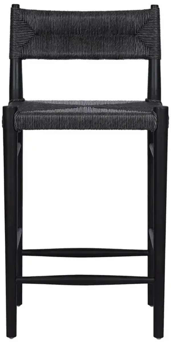 Mable Coastal Beach Black Wicker Teak Outdoor Counter Stool