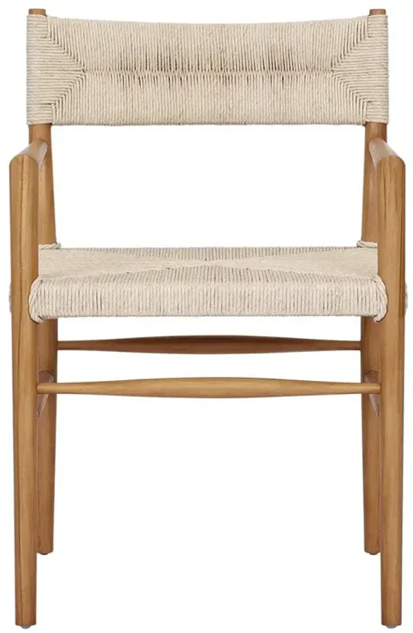 Mable Coastal Beach Off White Wicker Natural Teak Outdoor Dining Arm Chair