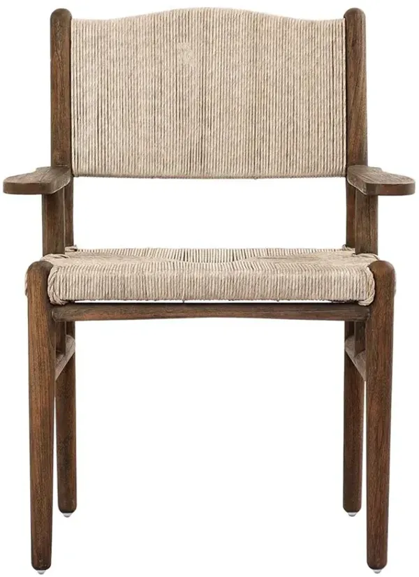 Hirom Rustic Lodge Woven Brown Teak Wood Outdoor Dining Arm Chair
