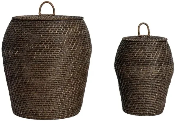 Cassie Coastal Washed Black Rattan Hamper - Set of 2